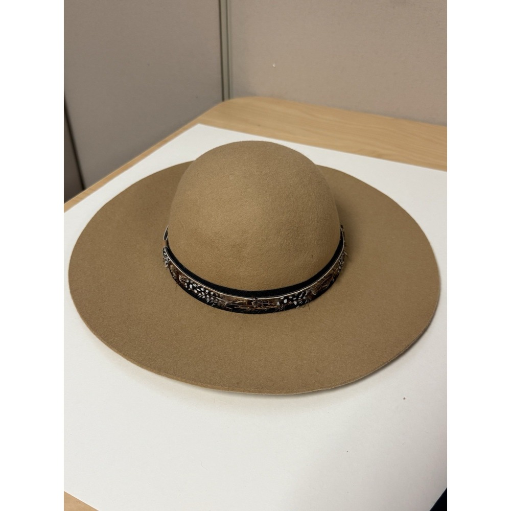HATCH Wide Brim Wool Felt Round Crown Fedora Boho Hat Tan Feather Band OSFM